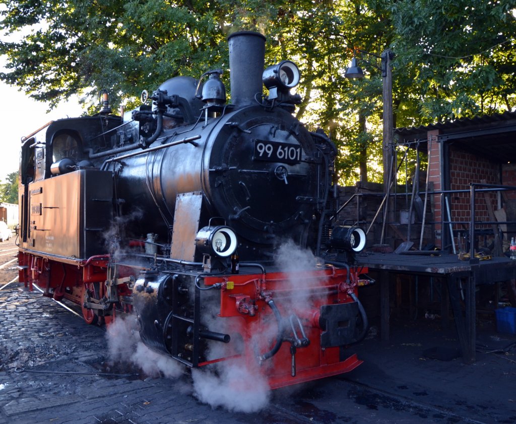 Die Gastlok 99 6101 der HSB an ihrem letzten Einsatztag bei der Selfkantbahn auf dem Bekohlungsgleis mit einem letzten Dampfw�lkchen. (30.09.2012)