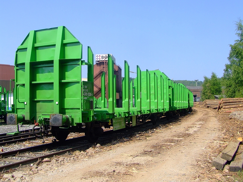 Kurzgekoppelter Rundholzwaggon Laaps mit Einzelrungen f�r Holzl�ngen ab 2 m am 29.04.2007 in Siegen-Eintracht auf der Gleisanlage der Kreisbahn Siegen-Wittgenstein  (KSW).  Nach dem Orkan Kyrill in der Nacht vom 18./19. Januar 2007 waren in der Region gro�e Forstsch�den, in Siegen wurde sehr viel Bruchholz an die Schiene verladen.