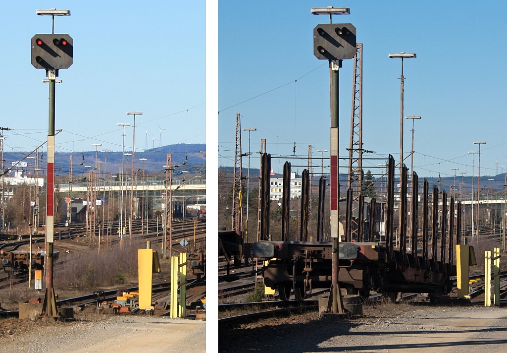Schutzsignal Sh (hier als Lichtsignal) am 07.03.2011 in Kreuztal am Ablaufberg.

Links Sh 0 - Halt ! - Fahrverbot

Rechts Sh 1 - Fahrverbot aufgehoben