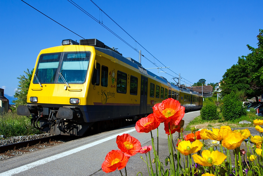 Wir sind in Chexbres angekommen und der   Train des Vignes  (S31) in der Zugskomposition (SBB RBDe 560 131-5 mit Steuerwagen Bt 50 85 29-35 931-9) f�hrt nun weiter nach Puidoux. Diese Zugskomposition und Lackierung wird es so wohl nicht mehr geben. (28.05.2012)