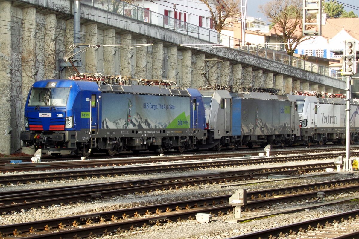 Am 1 J�nner 2019 steht BLS 193 495 mit ein Lokzug in Spiez.