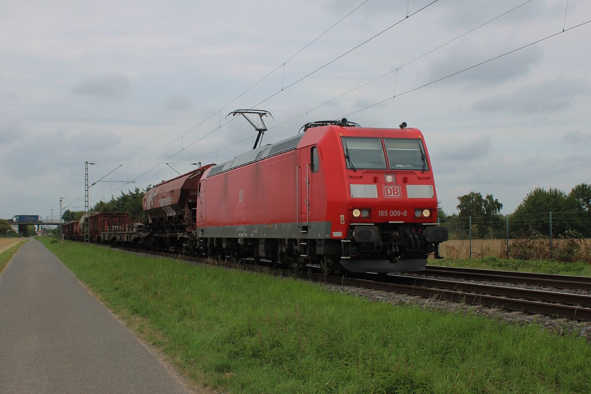 Am 8 Augustus 2025 durchfahrt 185 009 mit ein Mischguterzug Kaarst-Broicherseite.