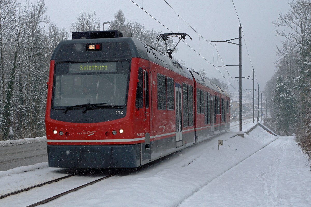 ASm: Regionalzug nach Solothurn mit dem Be 4/8 112 unterwegs bei Riedholz am 20. Januar 2016.
Foto: Walter Ruetsch