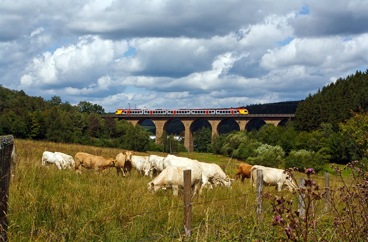 
Auch hierzulande sind Bahn-Kuh-Bilder möglich....
Ein 5-teiliger Flirt der HLB (Hessischen Landesbahn) als RE 99 (RE 40) Main-Sieg-Express (Siegen - Gießen) hier Umlauf HLB24965, fährt am 12.08.2014 über den Rudersdorfer Viadukt in Richtung Gießen. 

Der Rudersdorfer Viadukt wurde zwischen 1914 und 1915 gebaut, und gehört zu den Ingenieur-Großbauwerken der Dillstrecke (KBS 445).
