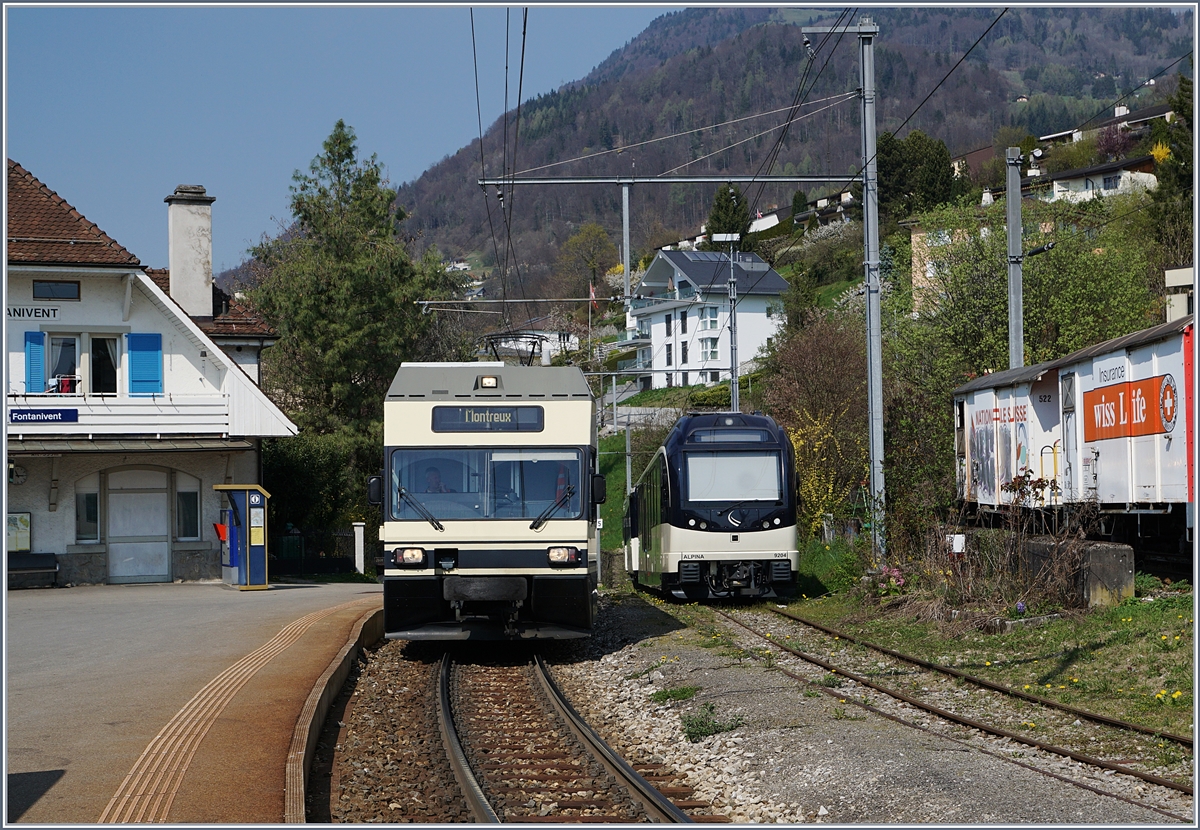 Da die CEV MVR GTW Be 2/6 die Riviera verlassen, ist eine Aufnahme mit GTW und Alpina eigentlich nur während gut eineinhalb Jahren möglich. Das Bild zeigt eine CEV MVR GTW 2/6 als Regionalzug nach Montreux und eine abgestellten Alpina-Komposition in Fontanivent. 
3. April 2017