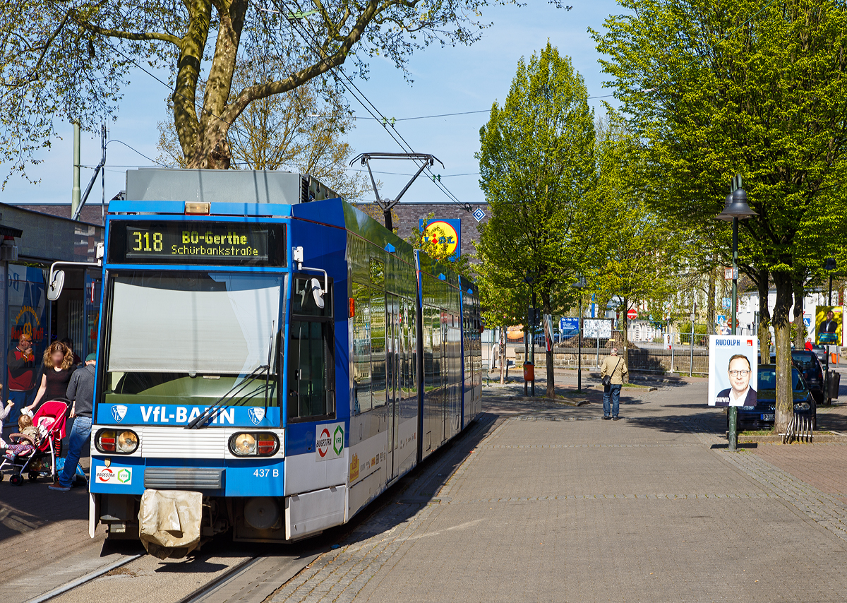 
Der BOGESTRA NF6D TW 437, ein DUEWAG MGT6D Niederflur-Gelenktriebwagen, steht am 30.04.2017 an der Station Bahnhof Bochum-Dahlhausen, als Linie 318 nach BO-Gerthe Schürbankstraße, zur Abfahrt bereit.

Die bei der Bogestra (Bochum-Gelsenkirchener Straßenbahnen AG) ab 1992 eingesetzten Wagen vom Typ NF6D waren tatsächlich erst im Sommer 2006 voll verfügbar, zeigten aber schon bald durch Rissbildung in den Wagenkästen an Fenster- und Türecken sowie im Sommer 2014 durch den Bruch einer Achsbrücke neue Schwachstellen. Der Fund eines weiteren Fahrwerks mit Anrissen in den gegossenen Achsbrücken der Einzelradfahrwerke im Januar 2015 führte zur Entscheidung der technischen Aufsichtsbehörde, diesen Wagentyp nur noch mit einer maximalen Geschwindigkeit von 30km/h weiter zu betreiben. Die gegossenen Einzelradfahrwerke werden seit 2015 schrittweise durch geschmiedete Fahrwerke ersetzt, wie sie auch bei späteren Baulosen eingesetzt wurden. Nach dem Ersatz der Achsbrücken bleibt die Höchstgeschwindigkeit auf 50km/h beschränkt. Ab 2016 sollen die NF6D dann vorzeitig durch Neuanschaffungen ersetzt werden. Ursprünglich waren 35 Jahre Einsatzdauer anstelle der nun erreichten 23 Jahre vorgesehen.

TECHNISCHE DATEN (NF6D bzw.  DUEWAG MGT6D):
Spurweite: 1.000 mm
Achsfolge: Bo'+1'1'+Bo'
Länge: 28.620 mm 
Wagenkastenbreite : 2.300 mm
Sitzplätze: 72
Stehplätze: 100 (4 Pers/m²)
Netzspannung: 	600 V DC Oberleitung
Leistung: 4x 105 kW
Höchstgeschwindigkeit: 70 km/h, 30 bzw. 50 km/h herabgesetzt
Fußbodenhöhe: 350 / 500 mm
Eigengewicht: 32.000 kg
