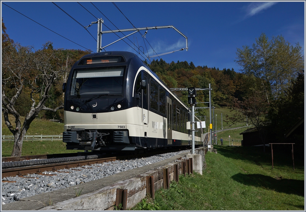 Der im CEV MVR  Inselbetrieb  tätige SURF ABeh 2/6 7503 von Les Pléiades nach dem kurzen Halt in Halt Fayaux.
Ein weiterer ABeh 2/6 pendelt zwischen Blonay und Prélaz.
16. Okt. 2016