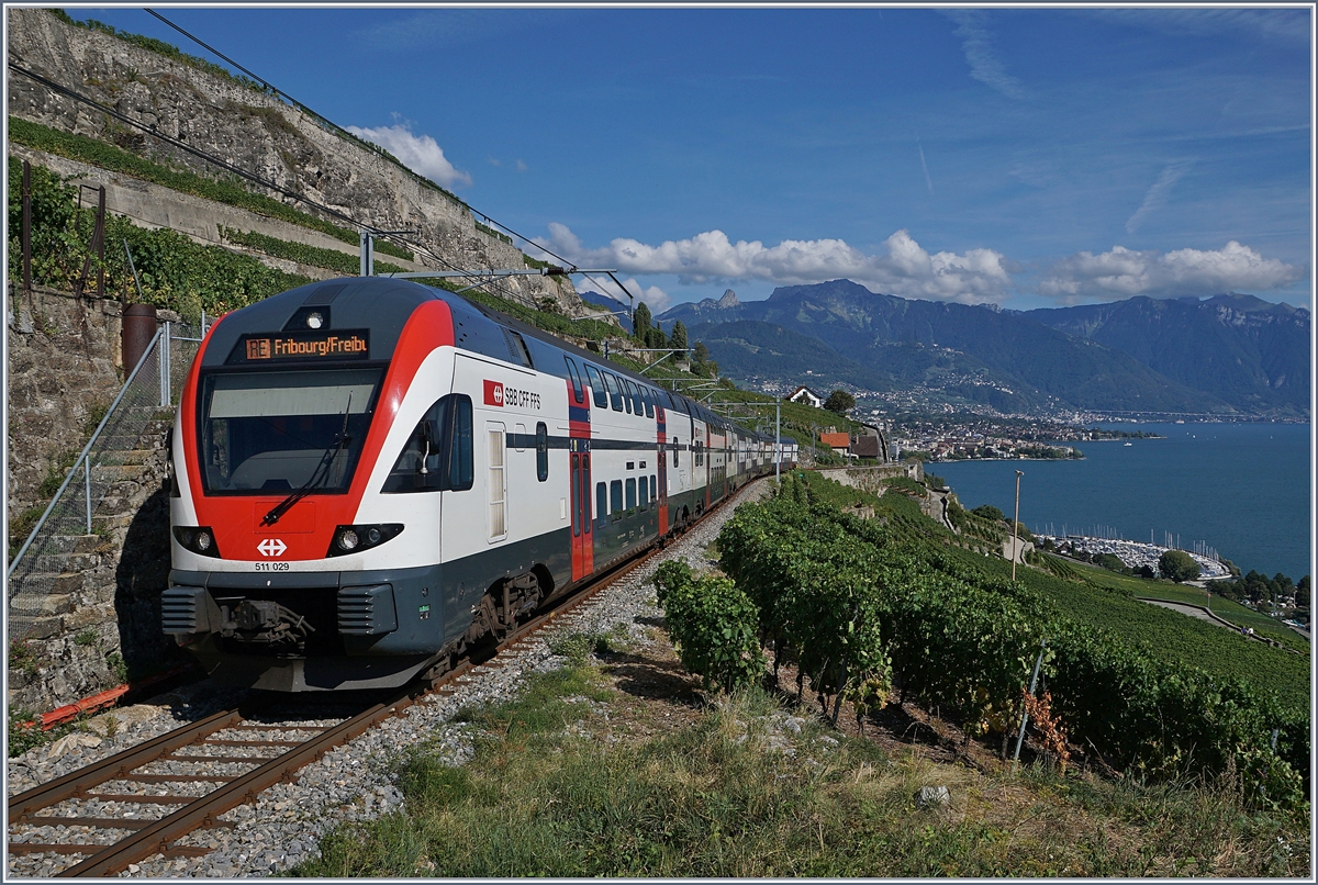 Der SBB RABe 511 029 als RE auf der Fahrt Richtung Friboug (Sommerfahrplan) zwischen Vevey und Chexbres kurz vor dem Salanfe Tunnel.
26. August 2018