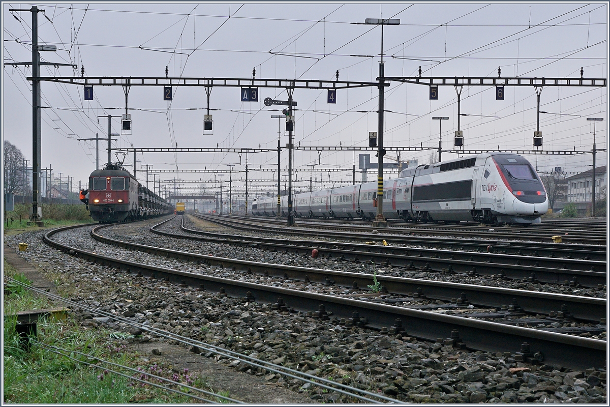 Der TGV Lyria 4415 wartet im Rangierbahnhof Biel auf seinen nächsten Einsatz, der ihn als Leermaterialzug nach Bern bringen wird, doch so in der Ruhestellung brennen am Triebzug hinten und vorne die roten Schlussleuchten.

5. April 2019