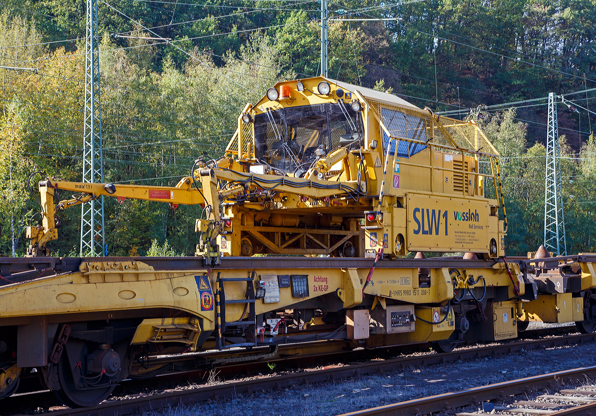 
Detailbild des ROBEL Schienenmanipulator SLW1 zur Schienenzugladeeinrichtung SILAD 40.61, Schweres Nebenfahrzeug Nr. D-VMRS 9980 9511 008-1, ex 97 30 08 901 57-9, der Vossloh Mobile Rail Services GmbH, abgestellt am 12.10.2019 im Rbf  Betzdorf/Sieg. 