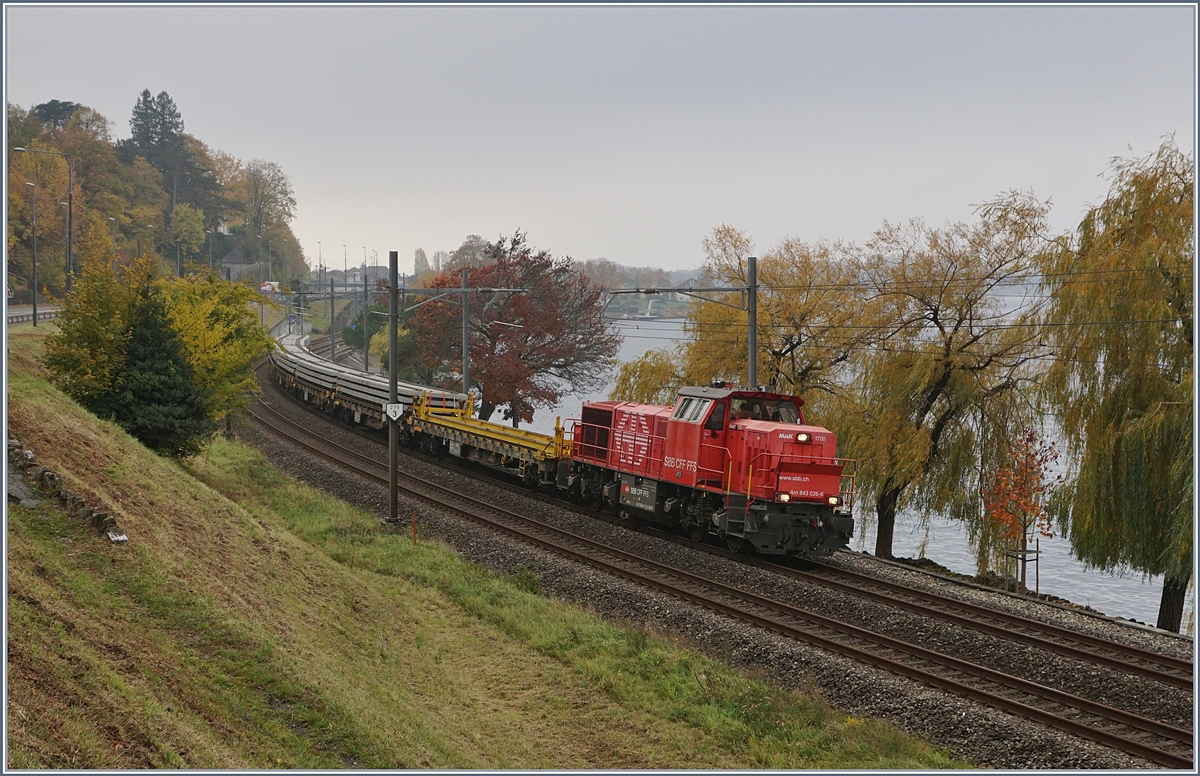 Die Am 843 026-6 ist mit einem Zug voller Schwellen kurz nach Villeneuve Richtung Montreux unterwegs.
6. Nov. 2018 
