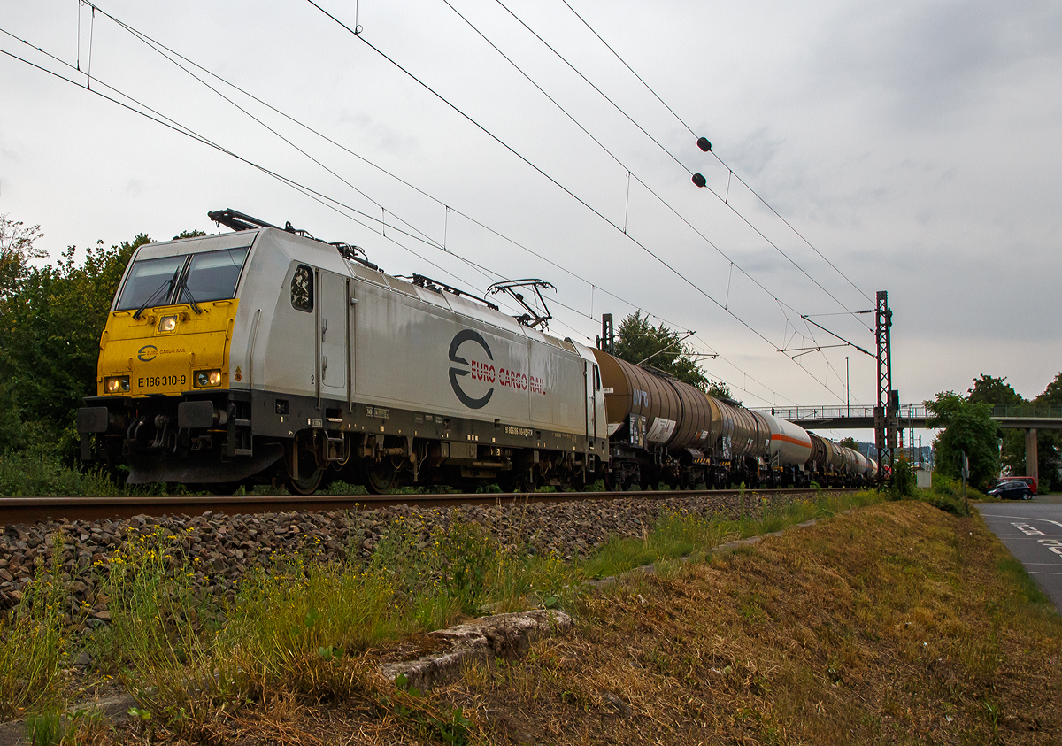 
Die E186 310-9 (91 80 6186 310-9 D-ECR) der ECR - Euro Cargo Rail fährt am 03.08.2020 mit einem Kesselwagenzug durch Bad Honnef in Richtung Norden.  

Die TRAXX F140 MS wurde 2010 von Bombardier in Kassel unter der Fabriknummer 34787 gebaut. Sie hat die Zulassungen für  Deutschland, Frankreich und Belgien.