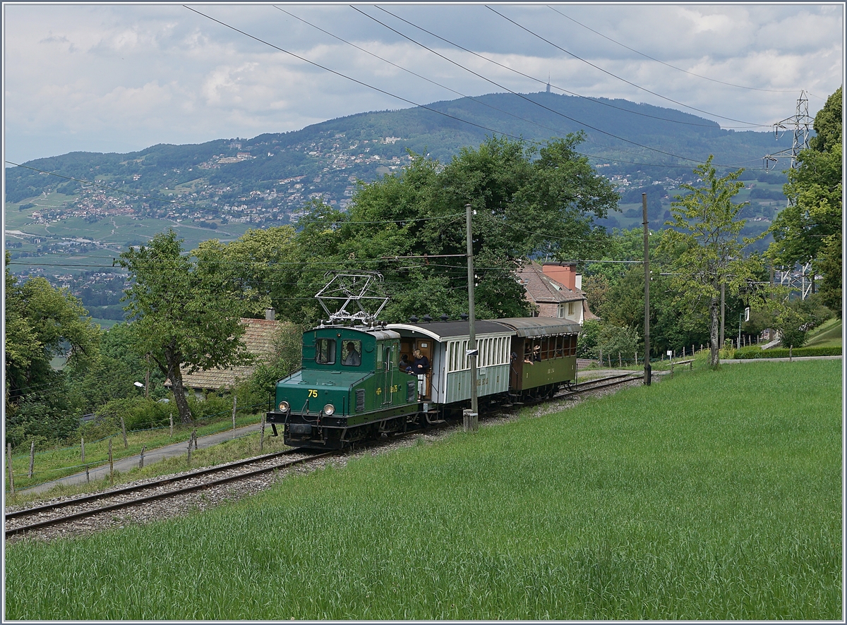 Die +GF+ Ge 4/4 75 erreicht mit ihrem Zug von Blonay kommend Chaulin. 

13. Juni 2020