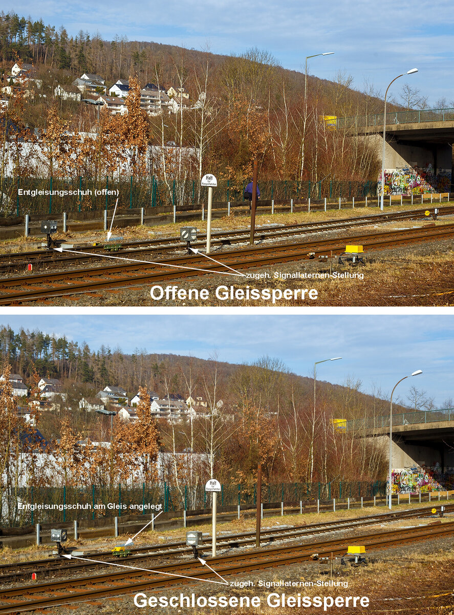 Die Gleissperre von (zum) der Anschlussstelle Rangierbahnhof der KSW (Kreisbahn Siegen-Wittgenstein) in Herdorf der Betriebsstätte FGE -Freien Grunder Eisenbahn (KSW NE447 / DB-Nr. 9275) zur DB Strecke Hellertalbahn (KBS 462), hier in beiden möglichen Stellungen, oben „offen“ und unten „geschlossen“

Herdorf 21 Februar 2025
