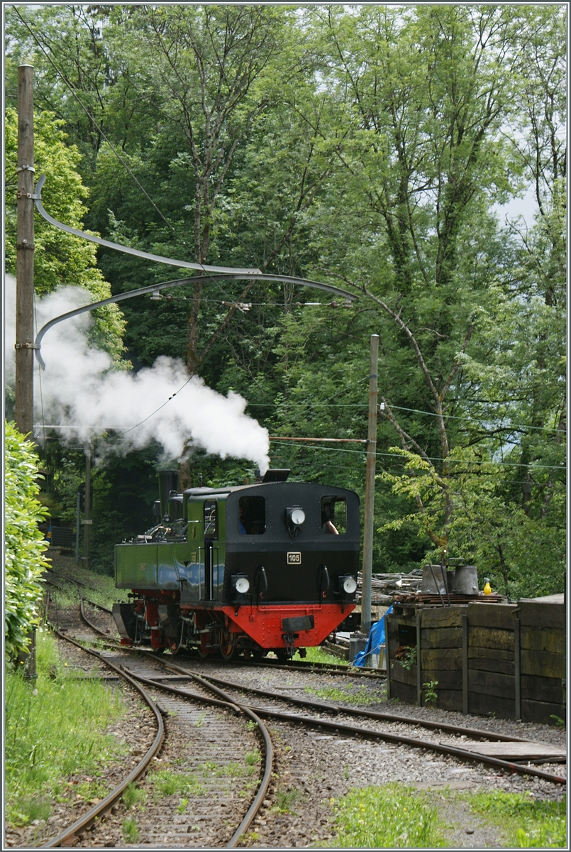 Die SEG G 2x 2/2 105 der Blonay Chamby Bahn dampft in Chaulin zur Bekohlungsanlage.

9. Juni 2024