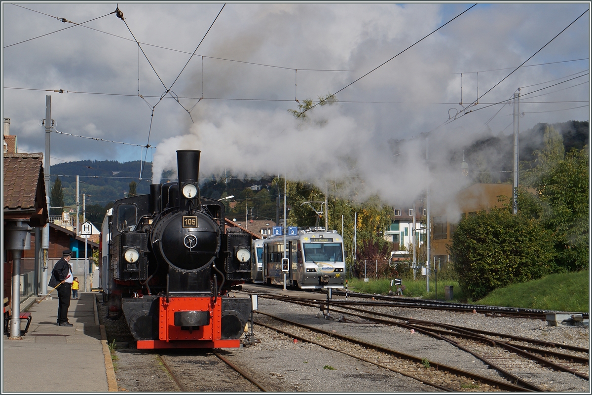 ...doch nachdem sich der Rauch und Dampf verzogen hat, zeigt sich die B-C G 2x 2/2 105 in voller Sch�nheit.
Blonay, den 4. Okt. 2015