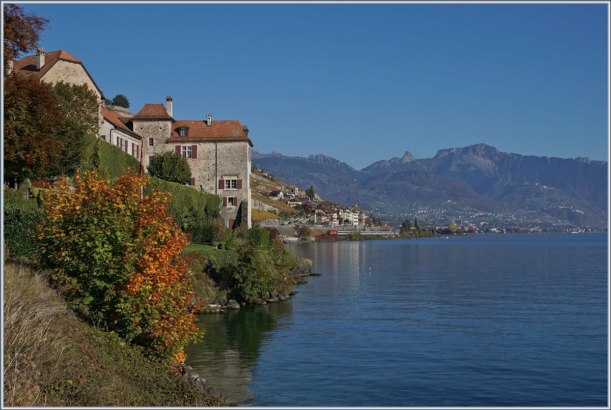 Ein Blick in die Ferne bei Rivaz lässt eine Re 460 mit einem IR auf der Fahrt Richtung Genève entdecken. 

16. Okt. 2017