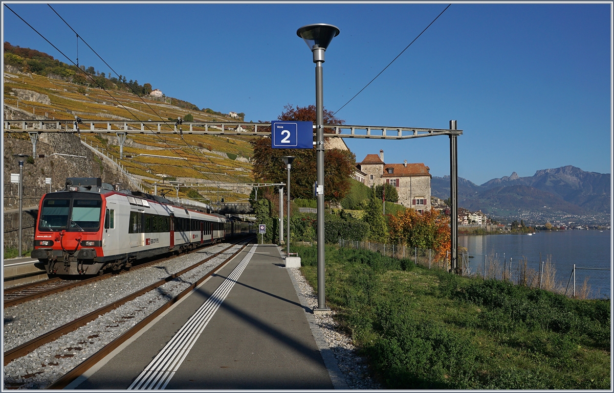 Eine Doppel-Domino Komposition fährt als RE 3567, von Lausanne nach St-Maurice unterwegs, in Rivaz durch. 
16. Okt. 2017