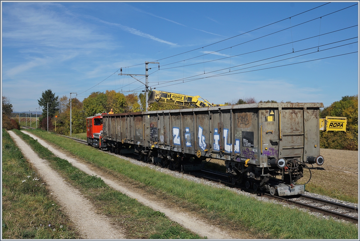 F�r zwei Wagenladungen liegen noch Zuckerr�ben auf dem Feld oberhalb von Reverolle, dazu hat der Tm 2/2 41 die zwei letzen Eaos des leeren Zuges hochgezogen. 
17. Okt. 2017