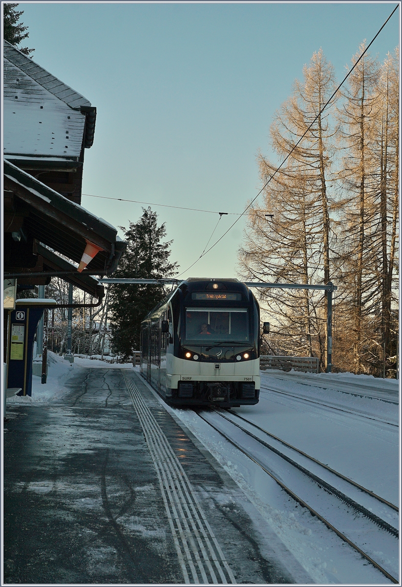 Hinter dem nach Vevey gefahren ABeh 2/6 7503 steht noch der ABeh 2/6 7501  La Chiésaz St-Légier), welcher für Testfahrten auf Les Pléiades weilt und in den Zugspausen jeweils ein Stück Talwärts fährt um dann vor Ankunft des Planzuges wieder auf Les Pléiades einzutreffen.
10. Jan. 2019