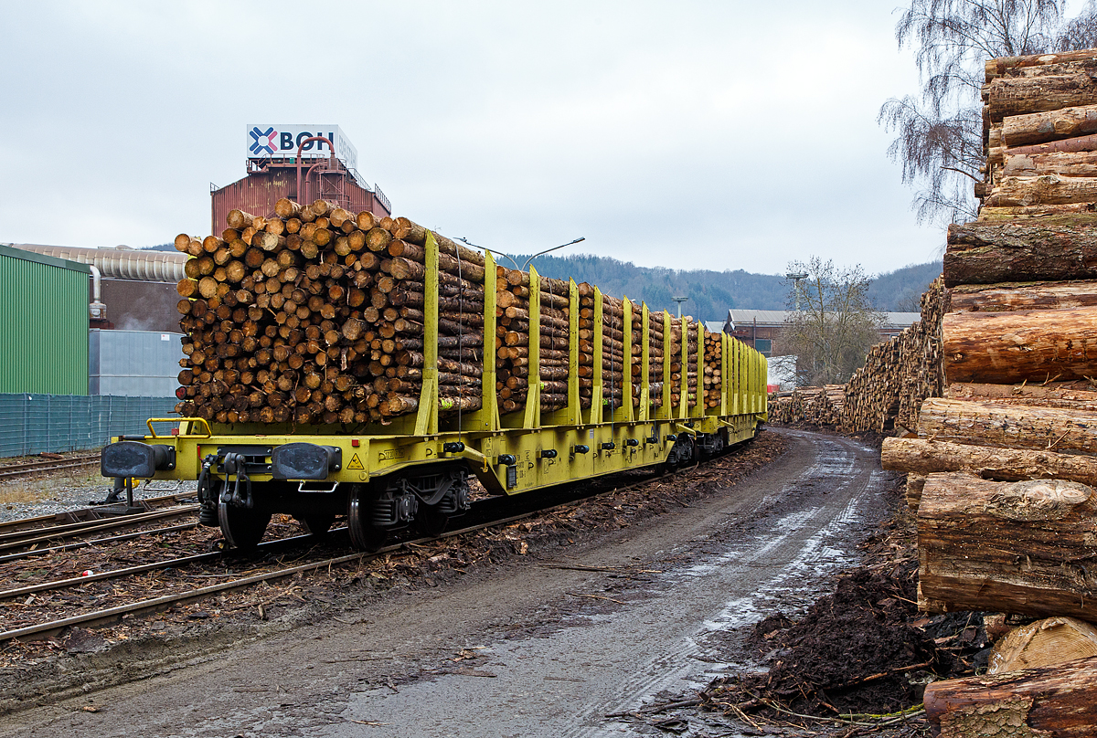 Holztransport im Siegerland: Gewaltige Forstschäden an dem kompletten Fichtenbestand durch den Borkenkäfer sind in der Region zu beobachten. Mit der Abholzung kommt man nicht hinterher. Hier in Siegen-Eintracht auf dem Betriebsgelände der KSW (Eisern-Siegener Eisenbahn NE 437) findet die Holzverladung der Region, von den LKW´s auf die Schiene, statt. 

Drehgestell-Flachwagen mit vier Radsätzen und Niederbindeeinrichtung, 37 80 4723 836-5 D-GATXD, der Gattung Snps 199 (GATX Typ 9430), der GATX Rail Germany GmbH, beladen mit Fichten-Rundholz abgestellt am 19.12.2021 in Siegen-Eintracht auf der Gleisanlage der Kreisbahn Siegen-Wittgenstein (KSW). 

Der Wagen, ist sehr neu, er wurde 2021 vom bulgarischen Hersteller Transwagon-AD (ТРАНСВАГОН АД) in Burgas (Bulgarien) unter der Fabriknummer 50495 gebaut. 

TECHNISCHE DATEN:
Gattung: Snps 199  (GATX Typ 9430)
Spurweite: 1.435 mm (Normalspur)
Anzahl der Achsen 4 (in 2 Drehgestellen)
Länge über Puffer: 22.860 mm
Drehzapfenabstand: 16.560 mm
Radsatzstand in den Drehgestellen: 1.800 mm
Laufraddurchmesser: 920 mm (neu)
Ladelänge: 21.620 mm
Ladefläche: 57,0 m²
Eigengewicht: 23.340 kg
Zuladung bei Lastgrenze S: 66,6 t (ab Streckenklasse D)
Max. Geschwindigkeit: 100 km/h (beladen) / 120 km/h (leer)
Kleinster Gleisbogenhalbmesser: 75 m
Bauart der Bremse: KE-GP-A  (K)
Bremssohle: C 810
Intern. Verwendungsfähigkeit: TEN-GE