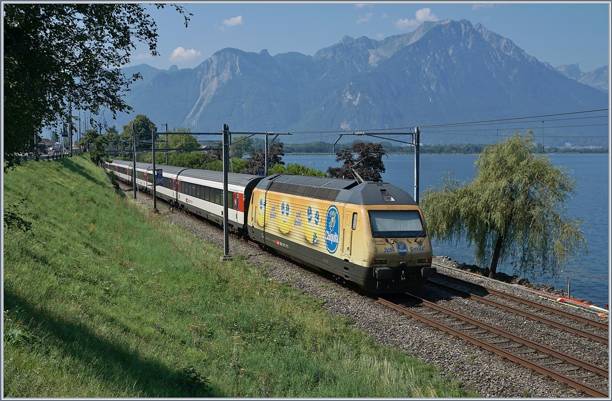 Ich finde auch  Schlosslos  und als Nachschuss hat die Fotostelle beim Château de Chillon ihren Reiz, besonders wenn die bunte Bananen Re 460 029 vorbeifährt.
3. August 2018