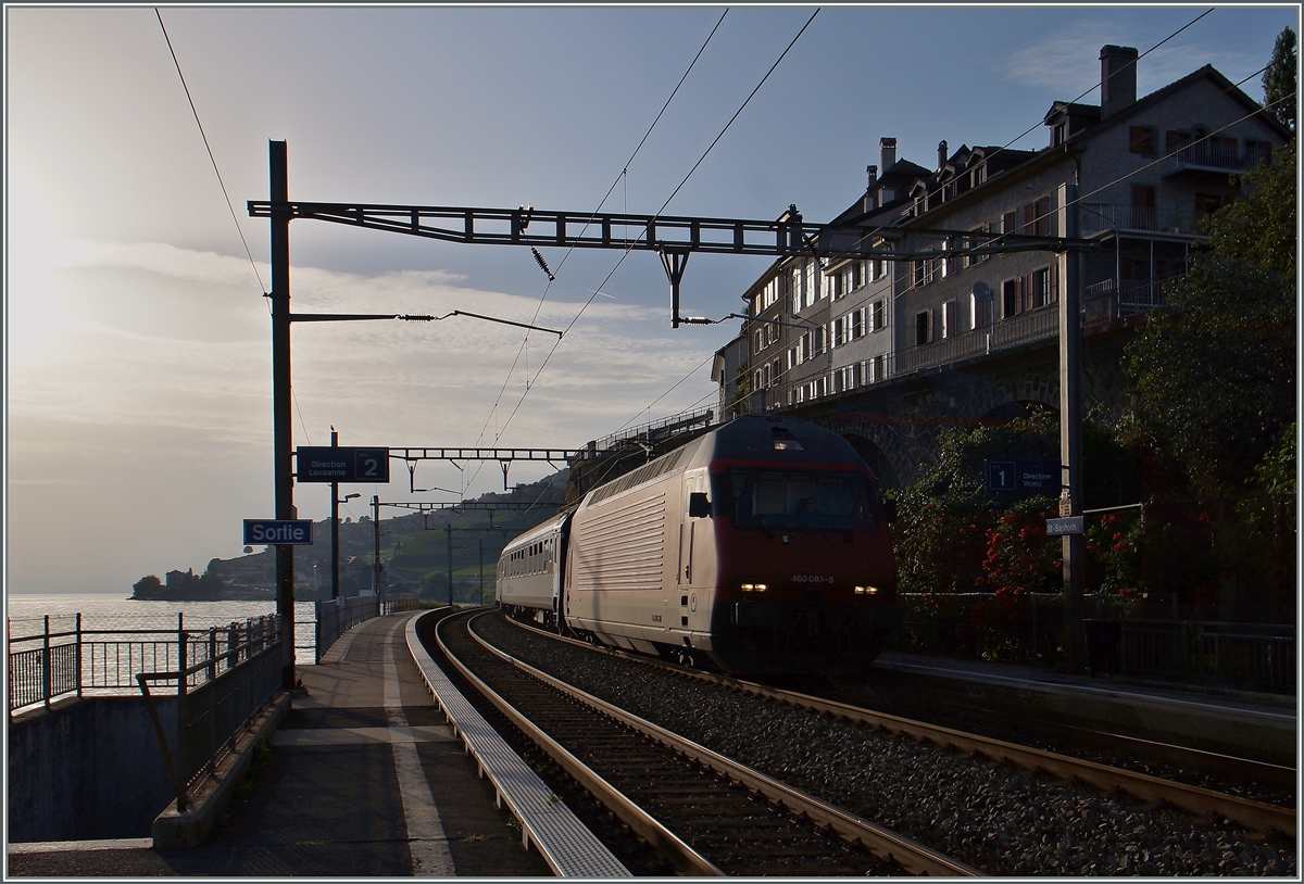 Ich hoffe, das Bild wirkt nicht zu dunkel: eine Re 460 bei der Durchfahrt mit ihrem IR in St-Saphorin  am 31. August 2015.

