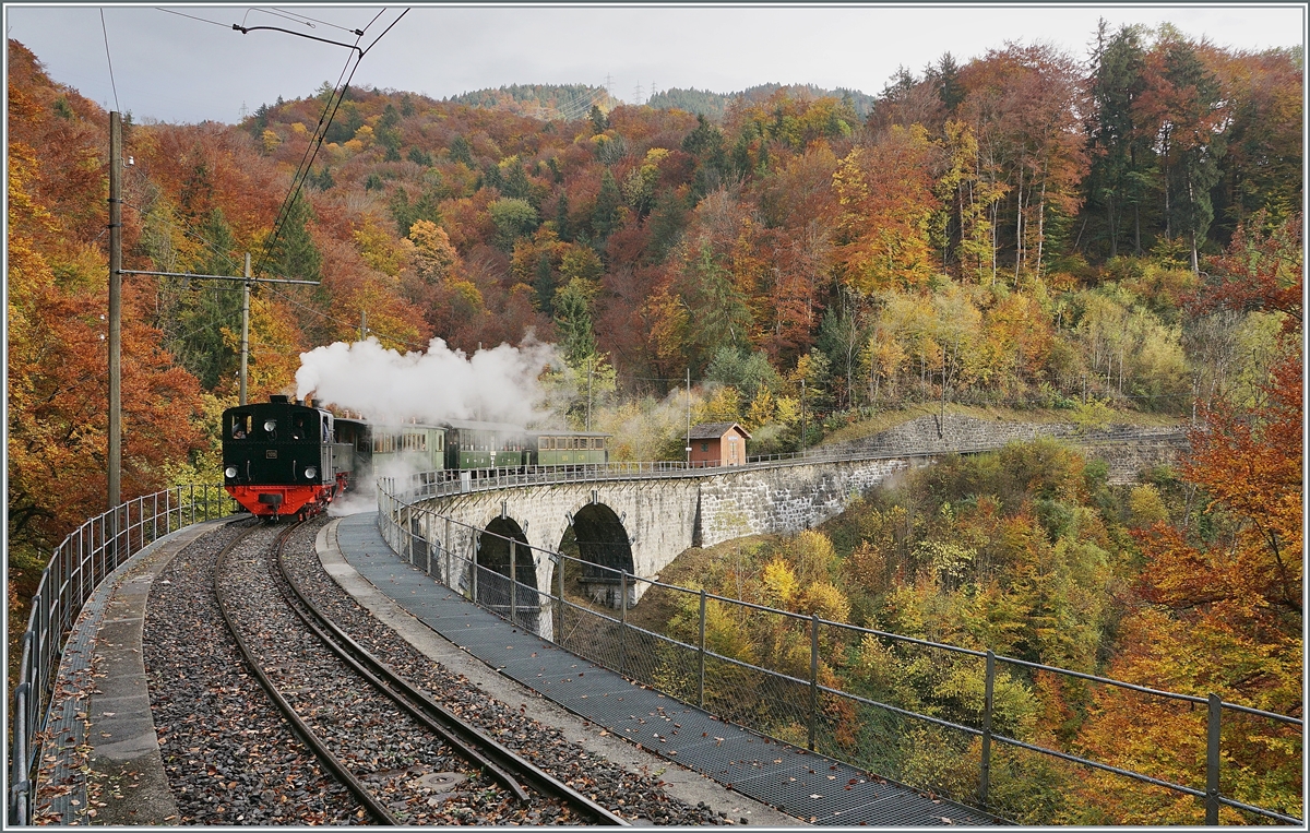 La DER 2021 du Blonay-Chamby - die Blonay-Chamby G 2x 2/2 105 befährt mit ihrem Zug aus grünen Wagen den Baye de Clarnes Viadukt.

30. Oktober 2021
