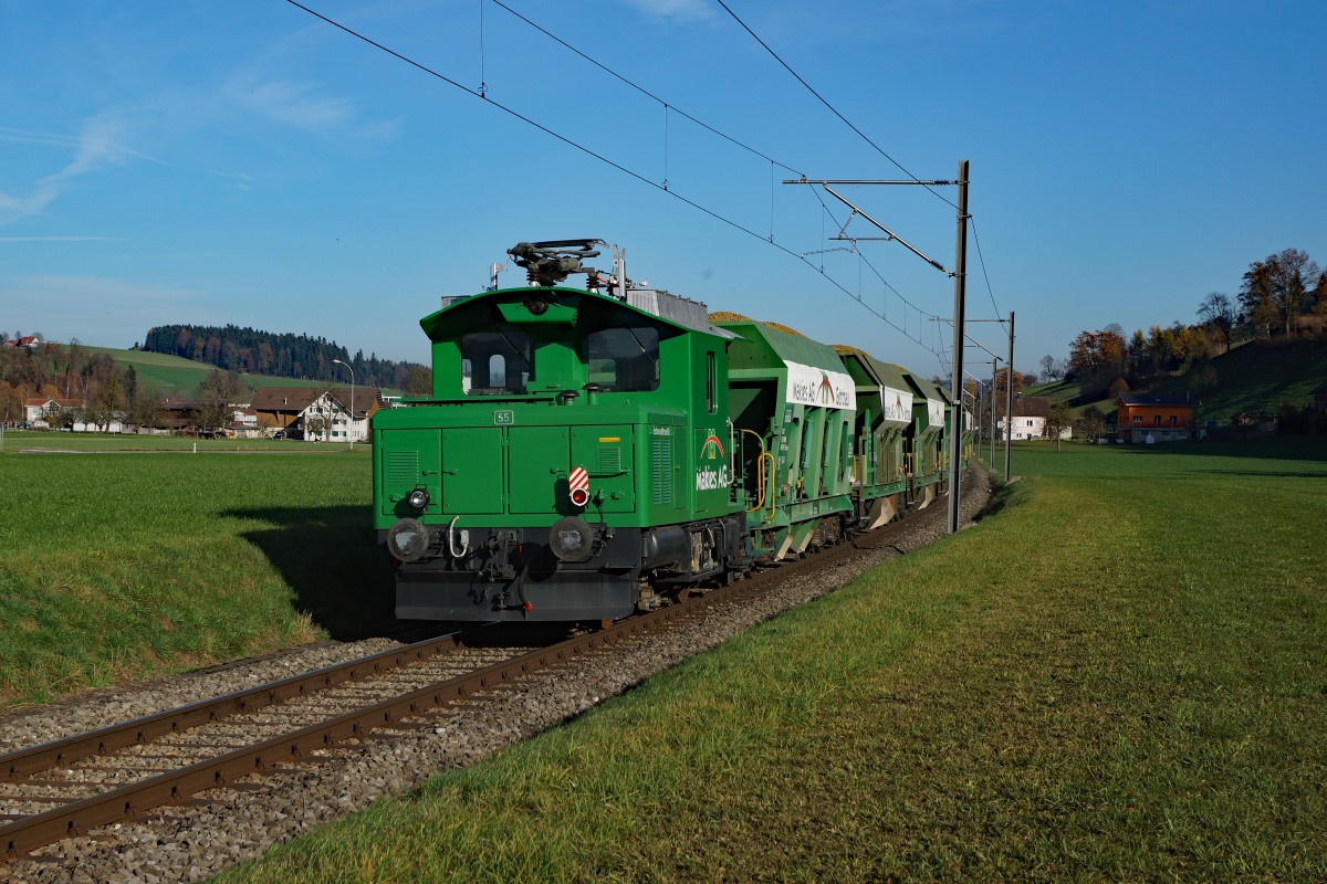 Makies AG: Der grüne Tem 55  SCHMUCKTRUCKLI  der Makies AG, im Einsatz zwischen Ufhusen und Gettnau am 10. November 2015.
Foto: Walter Ruetsch