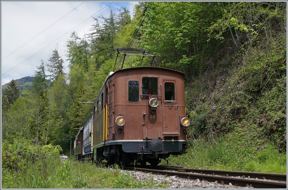 Nostalgie & Vapeur 2021  /  Nostalgie & Dampf 2021  - Da die Züge von Blonay nach Chaulin jeweils bis Chamby fahren und somit den kurzen Streckabschnitt Chaulin Abzweigung  - Chamby zweimal befahren ergeben sich pro Zug auf zwei Fotomöglichkeiten welche ich hier mit der BOB HGe 3/3 29 umsetzte: Auf dem zweiten Bild fand ich einen Platz bei einer Stützmaure und konnte den nach Chaulin zurückstossenden Zug aus der Froschperspektiver fotografieren. 

22. Mai 2021