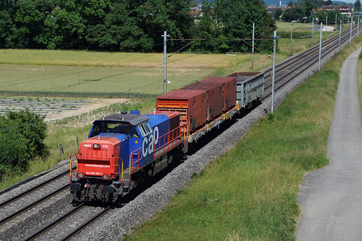 SBB: Auch als Streckenlokomotive macht die in Solothurn-HB stationierte MAK 1700 Am 4/4 843 057-1 eine gute Figur. Am 22. Juni 2016 ist sie mit zwei G�terwagen zwischen Selzach und Bettlach nach Grenchen-S�d unterwegs. Dabei handelt es sich um eine regelm�ssige Tagesleitung, die von Montag bis Freitag auf dem Dienstplan steht.
Foto: Walter Ruetsch