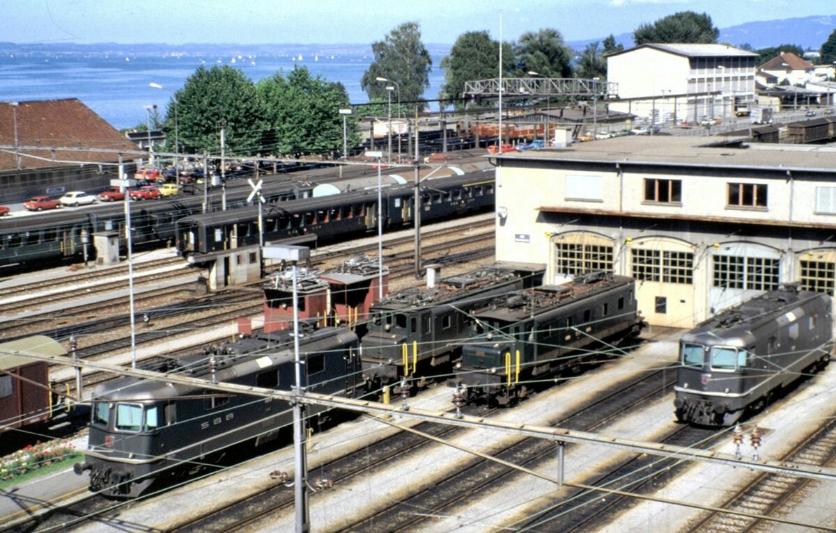 SBB Depot Rorschach mit Re 4/4; Ae 4/7 und Ae 3/6 I am 14.08.1980.