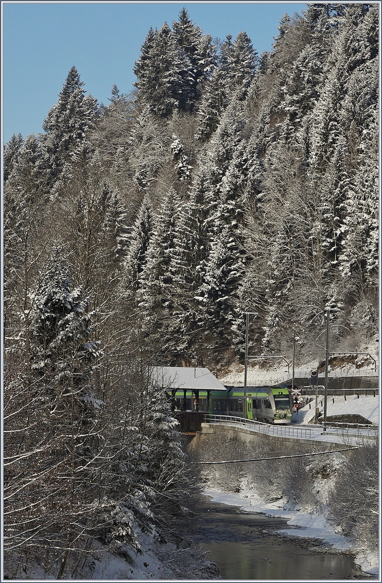 Vor lauter schöner Landschaft kaum zu sehen: ein BLS Lötsberger fährt bei Trubschen im Emmental dear Ilfis entlang.
6. Jan. 2017