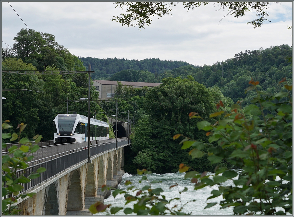 Zwischen Neuhausen und Schloss Laufen am Rheinfall überquert der Thurbo GTW RABe 526 763-8 den Rhein und die Kantonsgrenze (SH/ZH). 
18. Juni 2016