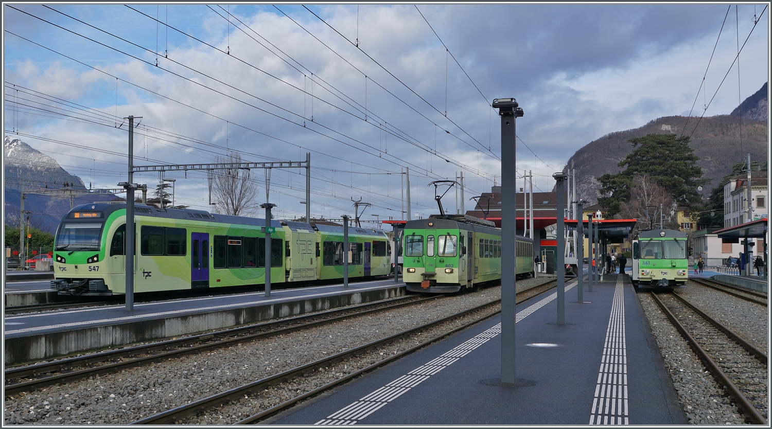 Aigle mit Zügen nach Monthey, Les Diablerets und Leysin. Links steht der TPC Beh 2/6 547, der als R 72 134 nach Monthey fahren wird, in der Mitte wartet der ASD BDe 4/4 403 mit Bt 431 wird als R 71 436 nach Les Diablerets auf die Abfahrt und rechts im Bild steht der BDeh 4/4 311 mit Bt 361 als R 70 336 nach Leysin. 

4. Jan. 2024