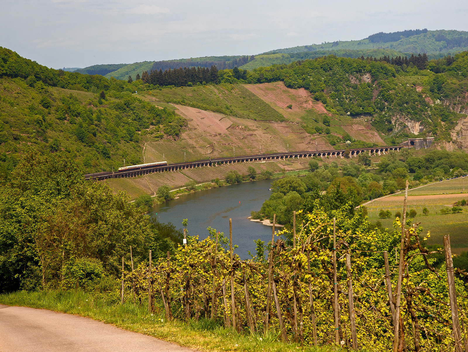 Dampfspektakel 2018 - Die 103 113-7 (91 80 6103 113-7 D-DB) vom DB-Museums in Koblenz fährt am 29.04.2018, mit ihrem kurzem TEE (Trans Europ Express) Koblenz - Wittlich - Trier, auf dem Pündericher Hangviadukt in Richtung Trier.

Der 786 m lange Pündericher Hangviadukt auf der Moselstrecke gegenüber von Pünderich an der Mosel ist der längste Hangviadukt in Deutschland. Unmittelbar am nördlichen Ende des Viaduktes beginnt der Prinzenkopftunnel (hier rechts im Bild). Der Hangviadukt ist etwa zehn Meter hoch und weist 92 Bögen auf. Jeder der Bögen hat eine lichte Weite von 7,20 m, die Pfeiler sind 1,30 m stark. Die Brücke besteht aus Bruchsteinen aus einem nahegelegenen Steinbruch und Ziegelsteinen, die von Ziegeleien aus Merl und St. Wendel geliefert wurden. Insgesamt wurden 19.000 m3 Mauerwerk verbaut.