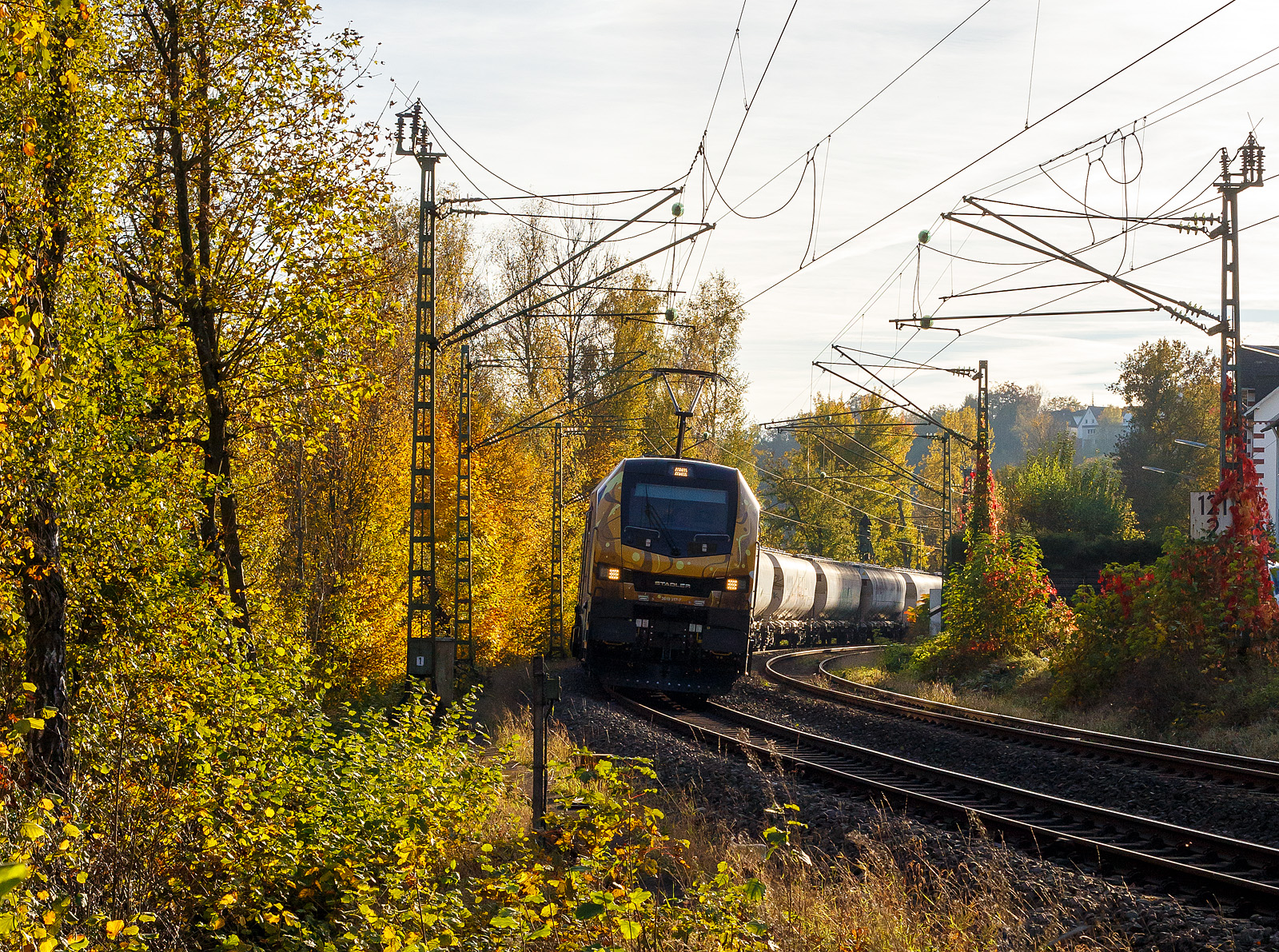 Die fast noch Fabrikneue, gerade mal sechs Wochen alt, und an die dispo-Tf Rail GmbH (Berlin) vermietete Stadler EURO 9000 der ELP - European Loc Pool AG (Frauenfeld/CH) 2019 317-7 (90 80 2019 317-7 D-ELP) fährt am 26 Oktober 2024, mit einem Zuckerzug (VTG Wagen der Gattung Uagnpps), durch Kirchen (Sieg) in Richtung Siegen. Vermutlich ist sie hier an die RTB CARGO GmbH (Düren) untervermietet.

Die Stadler EURO 9000 eine Co'Co'- DualModeLok wurde 2024 von Stadler Rail Valencia S.A.U. in Albuixech (Spanien) unter der Fabriknummer 4339 gebaut und am 18.09.2024 an die ELP - European Loc Pool AG in Frauenfeld (CH) ausgeliefert. Seit dem 18.09.2024 ist sie auch an die dispo-Tf Rail GmbH (Berlin) vermietet.

