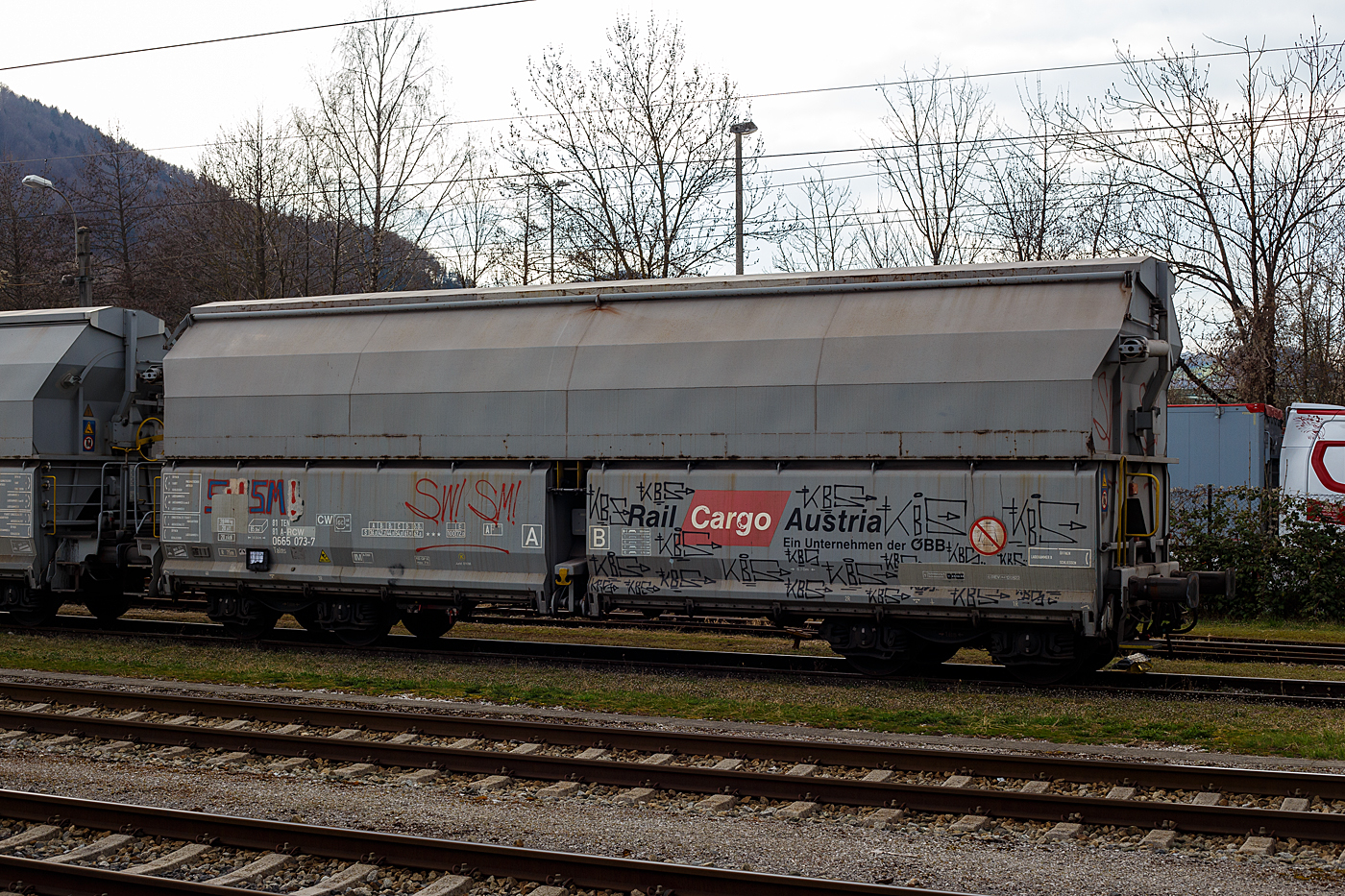 Vierachsiger gedeckter Schüttgutwagen mit Schwerkraftentladung, pneumatischem/mechanischen Klappenverschlusssystem und öffnungsfähigem Dach, 81 81 0665 073-7 A-RCW, der Gattung Talns, der Rail Cargo Austria, abgestellt am 02 April 2025 beim Bahnhof Gmunden bzw. beim Zementwerk Hatschek in Gmunden der Rohrdorfer Zement GmbH.

Diese Wagen wurden von Tatravagonka Poprad (Slowakei) gebaut. Die Wagen besitzen eine manuelle betätigte Einrichtung zum Öffnen und Schließen des Daches, sowie eine pneumatische (auch manuell möglich) Betätigung der Entladeklappen. mit wahlweise einstellbarer Betriebsart der Entladung, d.h. separate Entladung der Kammer „A  bzw. Kammer „B  oder Entladung der Kammern „A'' und ,,B  gleichzeitig. Die Klappen und Rutschen sind aus HARDOX Verschleißblech.

TECHNISCHE DATEN:
Spurweite: 1.435 mm (Normalspur)
Achsanzahl: 4 (in 2 Drehgestellen)
Länge über Puffer: 14.040 mm
Drehzapfenabstand: 8.700 mm
Achsabstand im Drehgestell: 1.800 mm
Laufraddurchmesser: 920 mm (neu)
Gesamthöhe über Schienenoberkante: 4.475 mm
Lichte Beladeöffnung: 12.450 x 1.400 mm
Eigengewicht: 28.000 kg
Höchstgeschwindigkeit: 100 km/h 
Maximales Ladegewicht: 62,0 t ab Streckenklasse D3 (72,0 t ab E)
Kleinster bef. Gleisbogenradius: 75 m
Rauminhalt: 85 m³ (in 2 Kammern)
Bremse: KE-GP-A (K)
Bremssohle: Jurid 816M
Handbremse: Ja, auf einer Bremserbühne
Intern. Verwendungsfähigkeit: TEN-CW