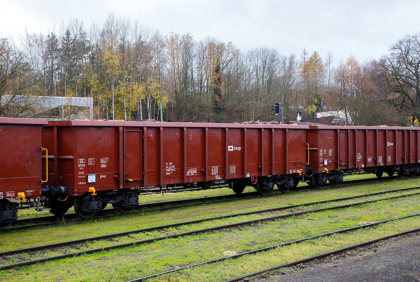 Vierachsiger offener Drehgestell-Güterwagen 31 54 5380 375-3 CZ- ČDC, der Gattung Eanos 9-152.0, der ČD Cargo abgestellt am 24.11.2022 beim Bahnhof Domažlice (Taus).

Der Wagen besitzt je Seite eine nur kleine Türe, die eigentlich lediglich der Begehung dient, da die Wagen fast ausschließlich durch Kippen oder mittels Krane (Magnet oder Greifer) entladen werden. Er dient vorzugsweise dem Transport von witterungsunempfindlichen Schütt- und Stückgütern (wie Kohle, Briketts, Schrott, Erze, Steine und Erden). Das Untergestell ist eine Schweißkonstruktion aus Walzprofilen in den Materialgüten St 37 und St 52 und ist Rahmenbauweise ausgeführt. Der Fußboden besteht aus 6 mm dicken Blechen. Der Güterwagen ist für die Entladung über eine Seitenkippanlage geeignet.

TECHNISCHE DATEN:
Spurweite: 1.435 mm (Normalspur)
Achsanzahl: 4 in zwei Drehgestellen
Länge über Puffer: 15.740 mm
Drehzapfenabstand: 10.700 mm
Achsabstand im Drehgestell: 1.800 mm
Laufraddurchmesser: 920 mm
Ladelänge: 14.400 mm
Ladefläche: 39,4 m²
Laderaum:  82,5 m³
Höchstgeschwindigkeit: 100 km/h (beladen) / 120 km/h (leer)
Max .Ladegewicht: 58,1 t ab Streckenklasse C, 68,1 t  ab Streckenklasse D
Eigengewicht: 21.900 kg
Kleinster bef. Gleisbogenradius: R 35 m
Bremse: KE-GR-A (K)
Bremssohle: C 810
Handbremse: Ja
Intern. Verwendungsfähigkeit: TEN-GE
