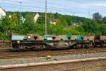 4-achiger Drehgestellwagen f�r Coiltransporte der Gattung Shmmns, Type 3614 E1, 31 88 4789 291-2 B-B, der SNCB Logistics (B-Cargo) am 18.07.2014 in Kreuztal.