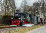 Die Jung Schmalspur Dampflok 20  Haspe  der Selfkantbahn bzw. Interessengemeinschaft Historischer Schienenverkehr e. V. (IHS) zieht ihren Personenzug am 31 M�rz 2013 bei Birgden in Richtung Gillrath. 

Fahrzeuggeschichte:
Die Dampf-Tenderlokomotive wurde 1956 von der Arnold Jung Lokomotivfabrik GmbH, Jungenthal bei Kirchen an der Sieg unter der Fabriknummer 12783 und an die 900 mm-Werksbahn der Kl�ckner-H�tte in Hagen-Haspe. Im Zuge der Stillegung der Hasper H�tte kaufte die IHS 1972 auch die 20 und 21 und lies diese in der Werkstatt der DVG (Duisburger Verkehrsgesellschaft AG) auf 1.000 mm umspuren. 1980 Taufe auf den Namen „Haspe“.

Neben den schmalspurigen Kleinbahnen gab es eine gro�e Anzahl schmalspuriger Werks- und Industriebahnen. F�r diese Betriebe entwickelten einige Lokomotivfabriken nach dem Baukastensystem Typenreihen f�r Lokomotiven verschiedener Spurweiten und Leistungsklassen. Die Lokomotivfabrik Jung in Jungenthal/Sieg besa� ein solches Programm schon in den Zwanzigerjahren. Diese Maschinen der  Standardkollektion  vom Typ 200 PS konnten nach Katalog bestellt werden. W�hrend des 2. Weltkrieges durften nur noch Lokomotiven eines Standardprogramms, die Kriegsdampflokomotiven (KDL), von Lokomotivfabriken im deutschen Machtbereich hergestellt werden.

Aus dem Typ KDL 10 dieses Programms abgeleitet, lieferte Jung 1956 drei Maschinen an die 900 mm-Werksbahn der Kl�ckner-H�tte in Hagen-Haspe. Die robuste Bauart der Dampflokomotiven 19, 20 und 21 bew�hrte sich auch im harten Betriebseinsatz bei der Hasper H�tte. Im Fr�hjahr 1970 entschloss sich die IHS, die gerade abgestellte Lok 19 zu erwerben. Nach dem Umbau auf eine Spurweite von 1.000 mm wurde die Lok ab dem 10. Juli 1971 auf der Selfkantbahn eingesetzt.

Im Zuge der Stillegung der Hasper H�tte 1972 kaufte die IHS auch noch die beiden freiwerdenden Schwestermaschinen 20 und 21. Ihre Namen erhielten die Lokomotiven erst bei der Selfkantbahn, 1980 wurde die Lok 20 auf den Namen  Haspe , 1986 die Lok 21 auf den Namen  Hagen  getauft. Die politische Wende in der DDR im Jahre 1989 machte es dann m�glich, da� die Lok 20 im Jahre 1991 als eine der ersten Museumsdampflokomotiven in der Werkst�tte des ehemaligen VEB Mansfeld-Kombinats Wilhelm Pieck des Mansfelder Bergbaureviers eine gro�e Revision erhielt. Die Lok 19 ist seit 1977 abgestellt, die Lok 21 befindet sich seit langer Zeit in Aufarbeitung.

Konstruktive Merkmale:
Die Lokomotiven haben einen Wassertank im Rahmen und Kohlenk�sten vor dem F�hrerhaus. Sie haben Heusinger-Steuerung und Kolbenschieber. Der Antrieb erfolgt auf die zweite Achse. Die Druckluftbremse und die Beleuchtungsanlage wurden erst f�r die Selfkantbahn eingebaut. Urspr�nglich war ein Pufferb�gel und ein dar�ber angeordneter Kupplungshaken vorhanden, bei der Selfkantbahn erhielten die Lokomotiven eine Balancierhebel-Kupplung „Sylter Bauart“, diese
wurden ab 1976 „Standard-Kupplung“ der Selfkantbahn.

TECHNISCHE DATEN:
Baujahr: 1956
Hersteller: Arnold Jung Lokomotivfabrik GmbH, Jungenthal bei Kirchen a. d. Sieg
Fabriknummer: 12783
Kessel-Nr. seit Dez. 12784 von Lok 21 (zuvor 12783)
Spurweite: 1.000 mm (ehemals 900 mm)
Achsanordnung: Bn2t
Typ: 200 PS, abgeleitet von KDL 10
L�nge �ber Puffer: 7.200 mm
Breite 2.300 mm
H�he: 3.200 mm
Achsabstand: 1.800 mm
Raddurchmesser: 800 mm (neu)
Gewicht der Lok: 22,0 t
H�chstgeschwindigkeit: 30 km/h
Zugkraft: 58 kN
Leistung: 200 PS
Zylinderanzahl: 2 (� 350 mm x 400 mm Hub)
Rostfl�che: 1,00 m�
Heizfl�che: 52,5 m�, 126 Heizrohre 44,5 x 2,5
Kesseldruck: 13 bar
Kohlevorrat: 0,3 t
Wasservorrat (im Rahmen): 1,6 m�
Bremse: K-PmZ (urspr. Dampf) / Wurfhebel, Bremsgewicht 7 t
Kupplung: Sylter Puffe
