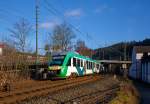 Der VT 254 (95 80 0648 154-2 D-HEB / 95 80 0648 654-1 D-HEB) ein Alstom Coradia LINT 41 der HLB (Hessische Landesbahn), ex Vectus VT 254, erreicht bald den Bahnhof Betzdorf/Sieg.
