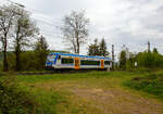 Der Stadler RegioShuttle RS 1 – VEN 650 131  Lilly  (95 80 0650 131-5 D-VEN) der Rhenus Veniro, als RB 85  Moselweinbahn  (Traben-Trarbach - Bullay), hat am 29.04.2018 beim Abzweig P�nderich