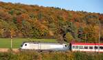 ÖBB 1116 038-9 mit Siemens-Werbung und ÖBB EC bei Urspring am 12.10.2010.