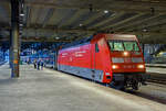   Die DB 101 108-9 steht am Abend des 21.05.2018 im Bahnhof Basel SBB, mit dem �BB Nightjet Z�rich – Basel – Frankfurt am Main – Hamburg (als NJ 40470) bzw.