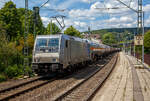 Die an die TX Logistik AG vermietete Railpool 185 717-8 (91 80 6185 717-6 D-Rpool) f�hrt am 12.06.2020 mit einem Druckgaskesselwagenzug durch den Bahnhof Kirchen (Sieg) in Richtung K�ln.