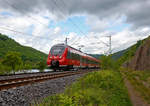   Der vierteilige Bombardier Talent 2 - 442 700 / 442 200  Hatzenport , als RB 81  Moseltalbahn  (Trier – Cochem – Koblenz), f�hrt am 30.04.2018 durch M�den (Mosel) in Richtung Koblenz.