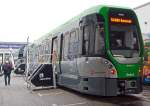   Der Triebwagen 3018 der Stadtbahn Hannover welche von der üstra Hannoversche Verkehrsbetriebe AG betriben wird, ausgestellt auf der InnoTrans 2014 in Berlin (26.09.2014).