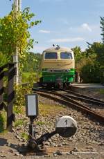 Die schmalspur (1000mm) Diesellok D5 (ex FEVE 1405) der Brohltalbahn steht am 18.08.2011 im Bf Engeln mit ihrem Zug f�r die R�ckfahrt bereit.