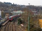 Blick am 17.03.2012 auf den Bahnhof Betzdorf/Sieg, hier h�lt gerade der RE 9 (Rhein-Sieg-Express) Siegen-K�ln-Aachen mit Schublok 111 093.